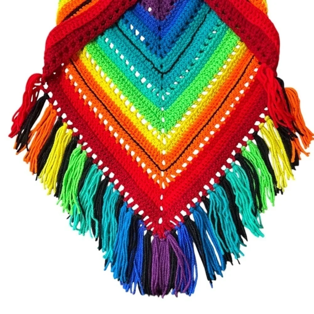 Handcrafted Crochet Cowl Neck Scarf With Fringe Rainbow Colors New Handmade Knit